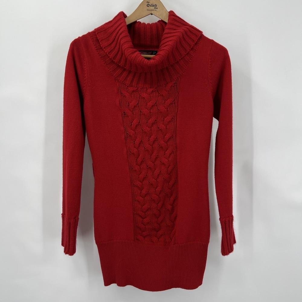 Women's Junior Sz Large Red Cable Knit Cowl‎ Sweater Belt Loops Fisherman